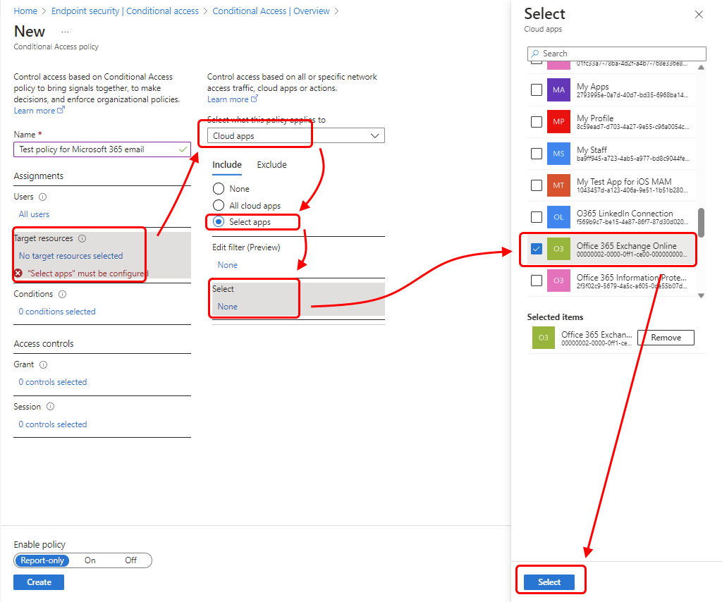 Sélectionnez Office 365 Exchange Online à ajouter à la stratégie.