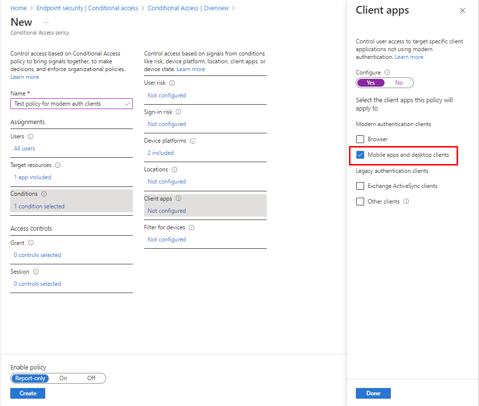 Sélectionnez Applications mobiles et clients comme conditions.