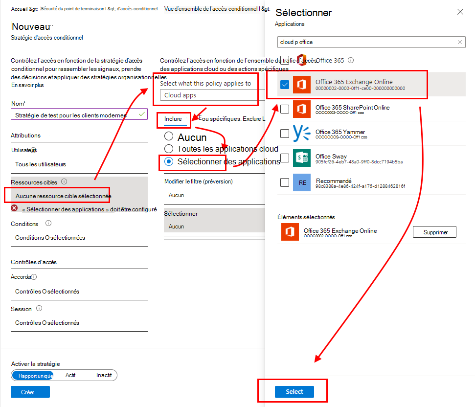 Sélectionnez l’application Office 365 Exchange Online.