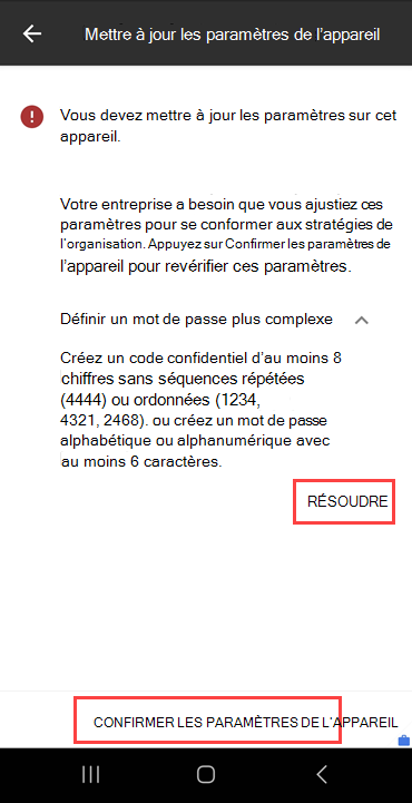 Capture d’écran de l’écran Mettre à jour les paramètres de l’appareil de Portail d'entreprise mettant en évidence le bouton RÉSOUDRE et le bouton CONFIRMER LES PARAMÈTRES DE L’APPAREIL.