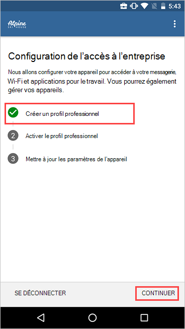 Capture d’écran du programme d’installation de l’accès à l’entreprise montrant la création d’un profil professionnel.