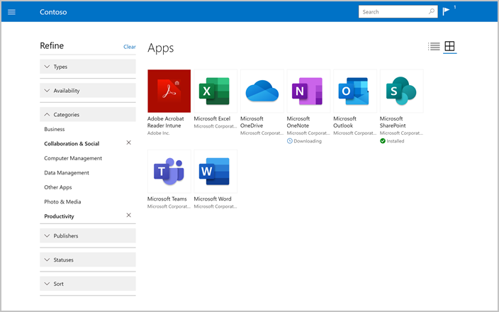 Capture d’écran de Portail d'entreprise site web, page Applications, montrant les options d’affinement.