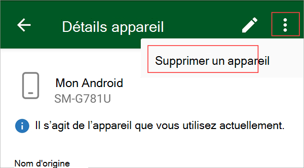 Capture d’écran de Portail d'entreprise’application, mettant en surbrillance le bouton de menu et l’option « Supprimer l’appareil ».