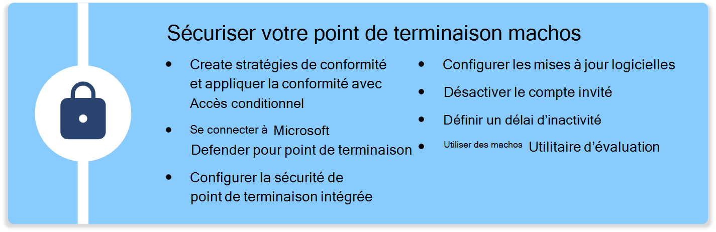 Diagramme qui répertorie les étapes à suivre pour sécuriser les appareils macOS à l’aide de stratégies de conformité, de mises à jour logicielles, etc. dans Microsoft Intune