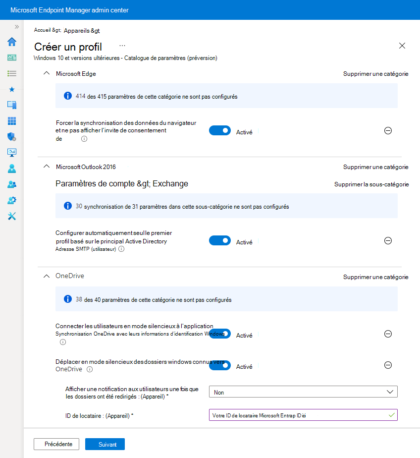 Capture d’écran montrant un exemple de profil de catalogue de paramètres dans Microsoft Intune.