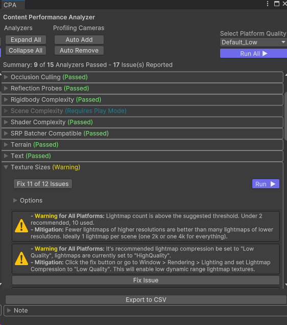 Capture d’écran de la fenêtre Contenu Analyseur de performances