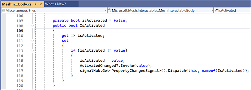 Capture d’écran de la variable activée dans le script Mesh Interactable Body.