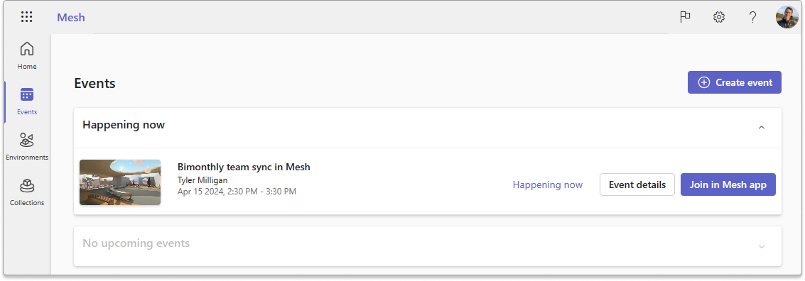 Capture d’écran montrant l’événement créé sous l’onglet Événements dans Mesh sur le web.