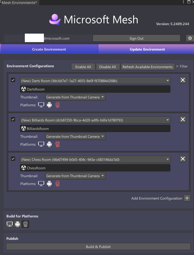 Capture d’écran de la fenêtre Mesh Uploader dans l’onglet Créer un environnement avec des informations pour l’environnement ChessRoom.