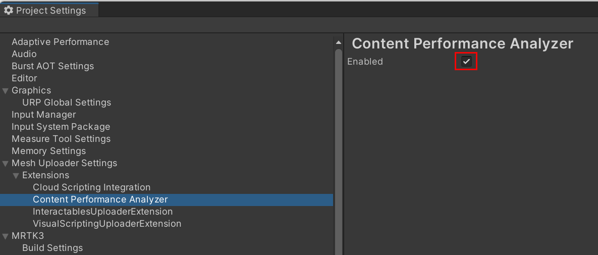 Capture d’écran de la page Contenu Analyseur de performances dans Paramètres du projet.