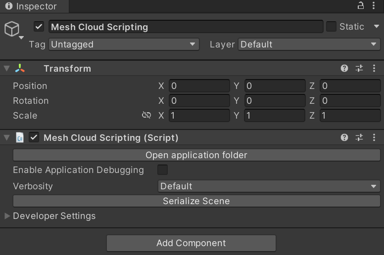 Capture d’écran du composant Mesh Cloud Scripting attaché au GameObject.