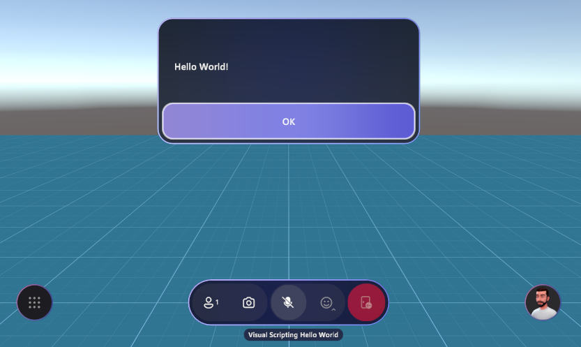 Fenêtre de navigateur mesh avec une boîte de dialogue contextuelle affichant Hello World et un bouton OK