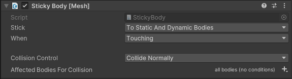 Capture d’écran des options de script Sticky Body dans l’inspecteur.