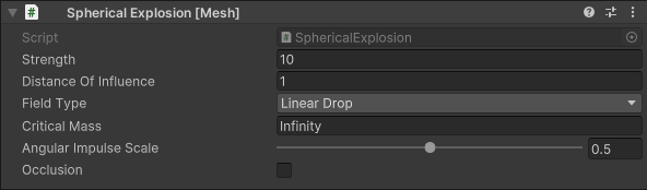 Capture d’écran des options de script d’explosion sphérique dans l’inspecteur.