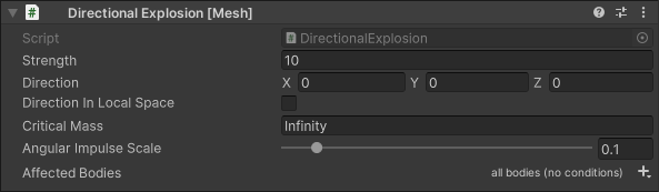 Capture d’écran des options de script Directional Eplosion dans l’inspecteur.