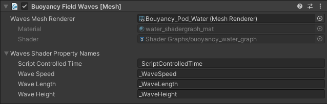 Capture d’écran des options de script Bouéancy Field Waves dans l’inspecteur.