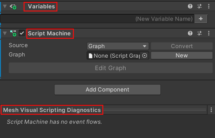 Capture d’écran d’un Unity montrant deux composants ajoutés, La machine de script et les variables.