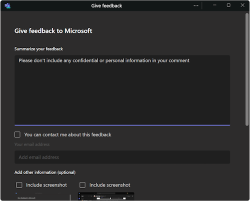 Capture d’écran de la boîte de dialogue Donner des commentaires à Teams