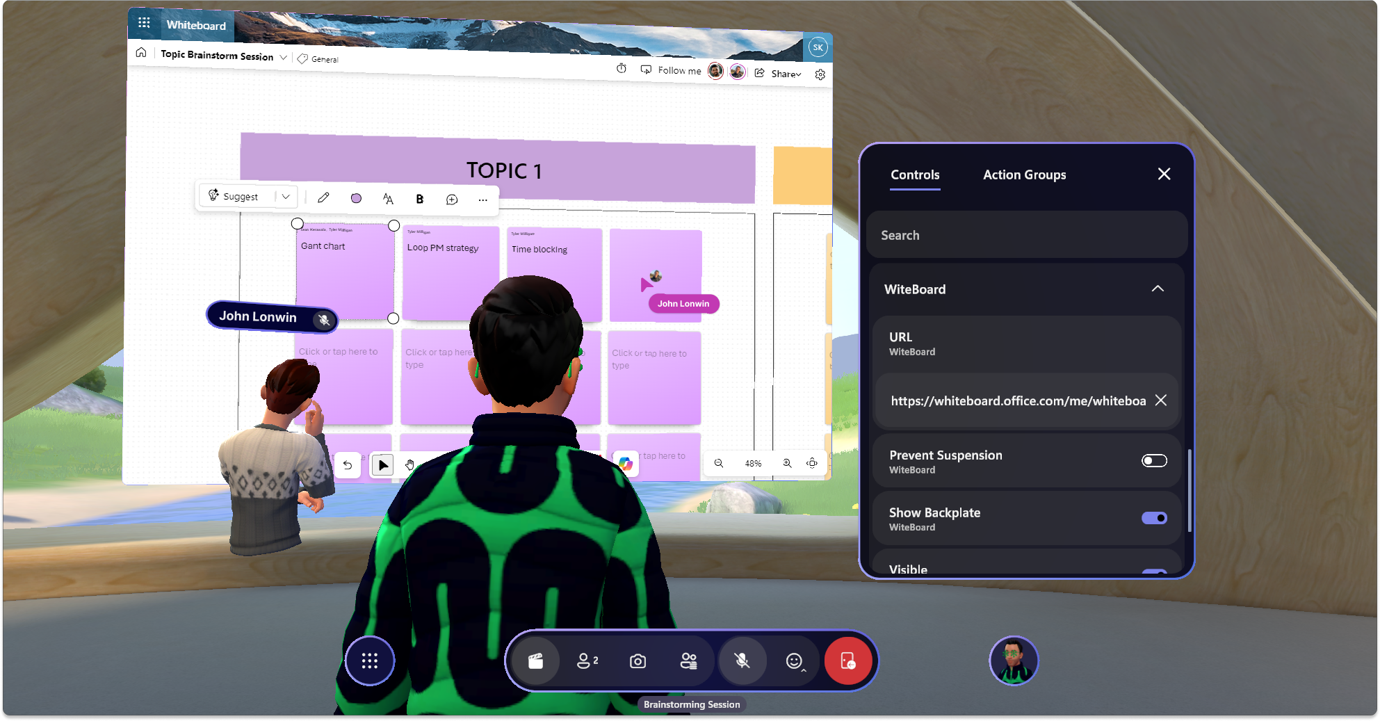 Capture d’écran d’un événement Mesh avec un WebSlate montrant Microsoft Whiteboard avec deux avatars qui interagissent avec celui-ci.