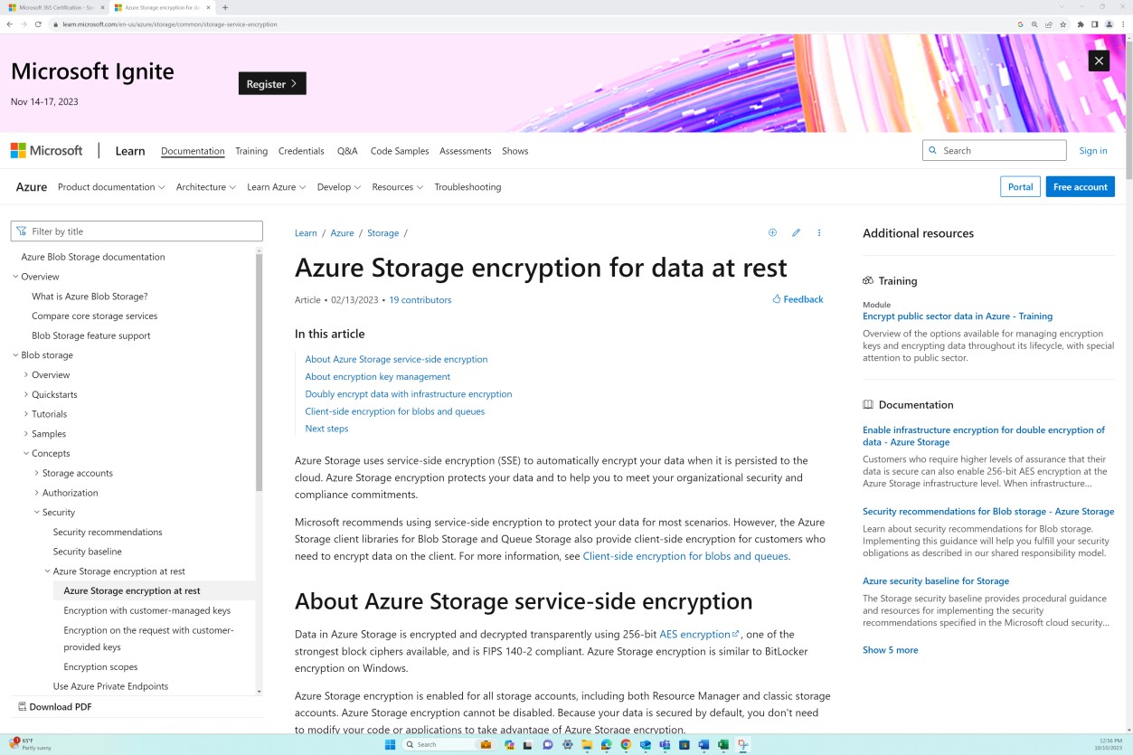 Document microsoft learn sur le chiffrement du stockage Azure.