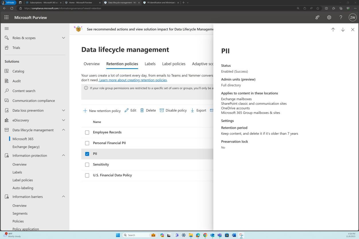 Page de gestion du cycle de vie Microsoft Purview.