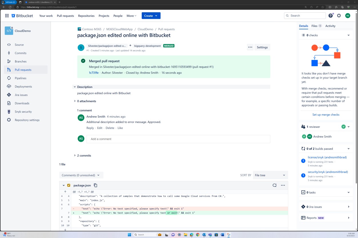 Tableau de bord des stratégies de branche Bitbucket.