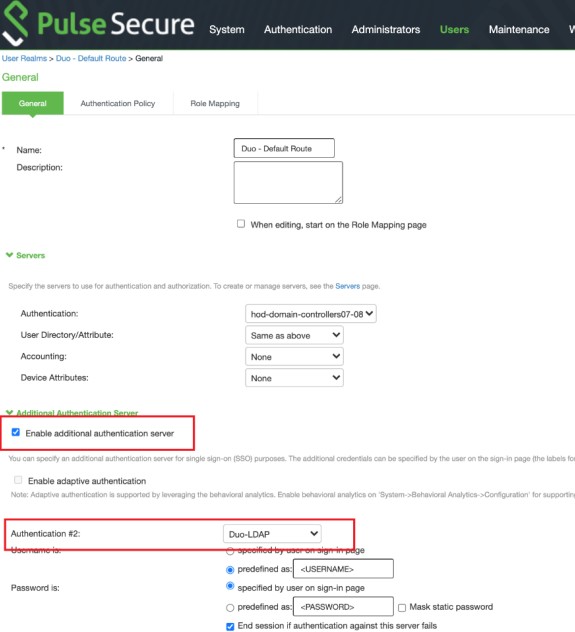 Page des paramètres des stratégies de connexion PulseSecure.