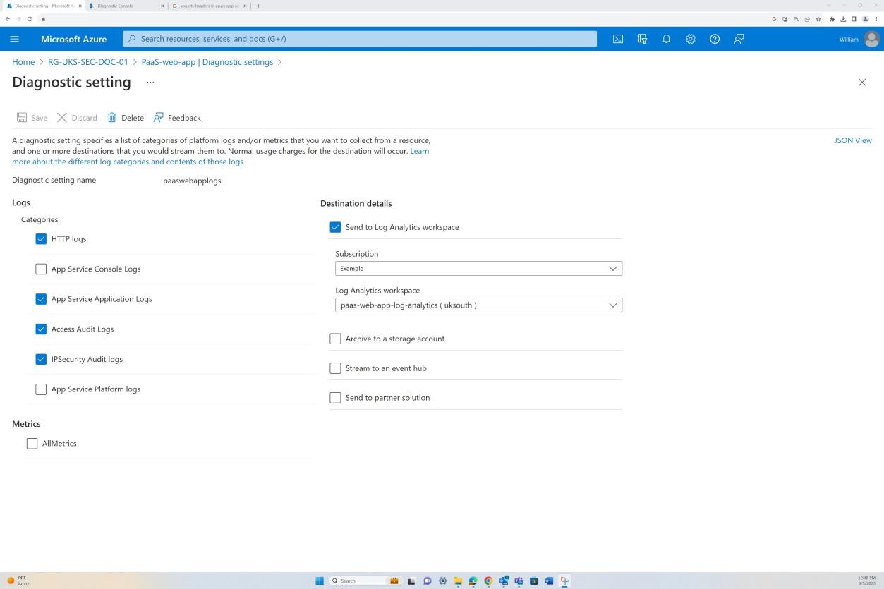 Paramètres de diagnostic de l’application Microsoft Azure.