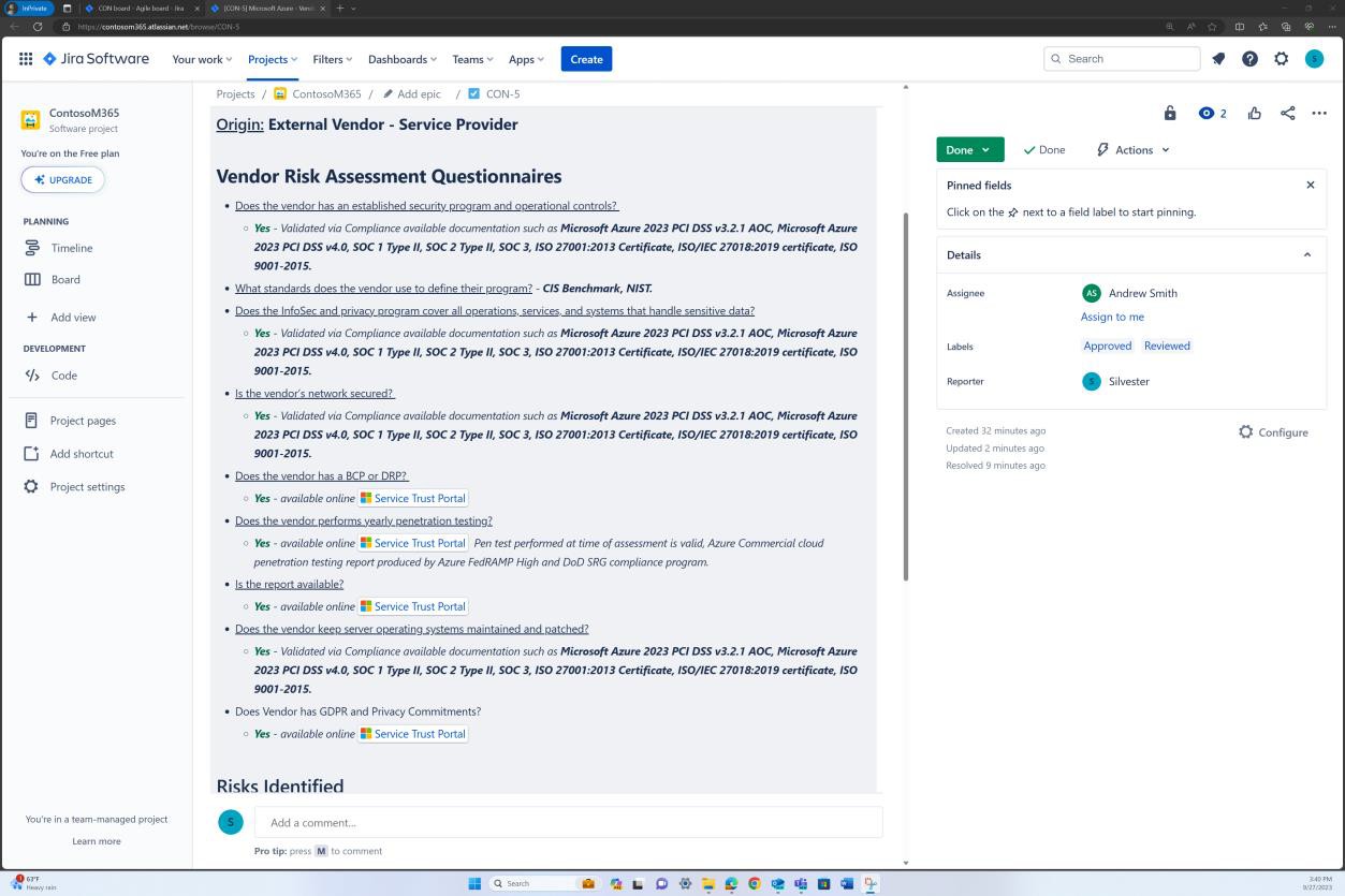 Intégration et évaluation des risques des fournisseurs Jira.