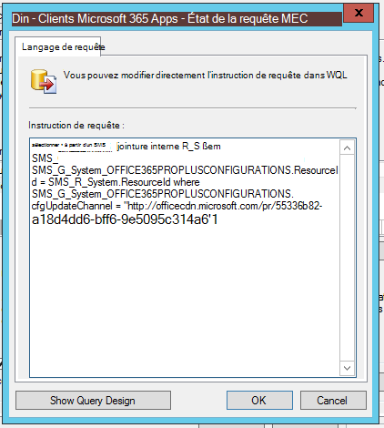 Capture d’écran de l’Assistant Configuration Manager montrant l’éditeur de requête.