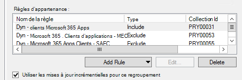 Capture d’écran de Configuration Manager montrant l’Assistant pour inclure et exclure des regroupements avec des regroupements créés précédemment.