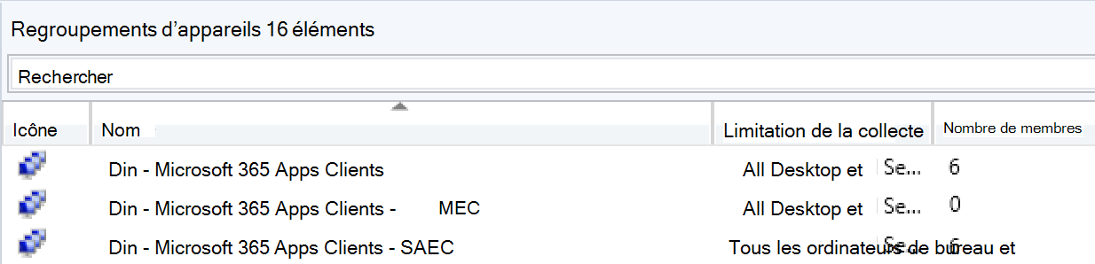 Capture d’écran de Configuration Manager montrant trois collections.