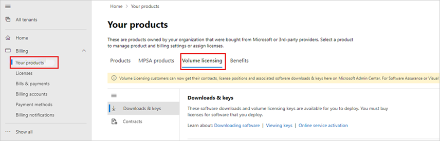 Centre d’administration Microsoft 365, en mettant en évidence le chemin de navigation de Vos produits et la section Gestion des licences en volume.