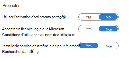 Capture d’écran des paramètres des propriétés Intune montrant les options d’activation d’ordinateur partagé, les termes du contrat de licence logiciel Microsoft et le service en arrière-plan pour Recherche Microsoft dans Bing.