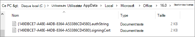 Capture d’écran du chemin d’accès au fichier montrant les fichiers de licence Office dans le dossier AppData local.