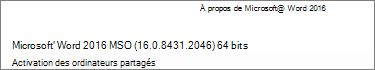 Capture d’écran des informations d’activation d’ordinateur partagé dans la section À propos de Microsoft Word.