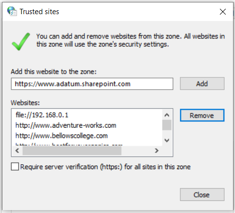 Capture d’écran de la boîte de dialogue Sites de confiance montrant l’option permettant d’ajouter ou de supprimer des sites web et de gérer les paramètres de sécurité des sites de confiance.