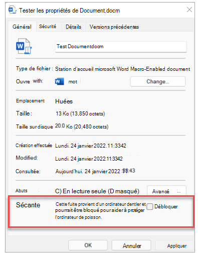 Capture d’écran de la boîte de dialogue propriétés du fichier pour un document prenant en charge les macros, mettant en évidence l’option de sécurité permettant de débloquer le fichier.