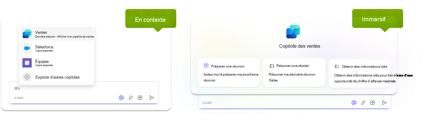 Cette illustration montre deux expériences utilisateur copilotes distinctes, en contexte et immersif