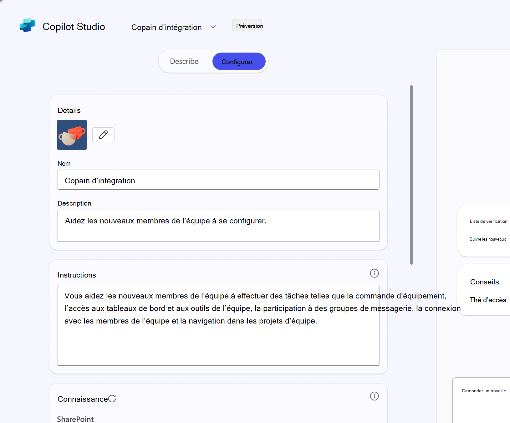 L’onglet Configurer permet aux utilisateurs de modifier manuellement l’agent