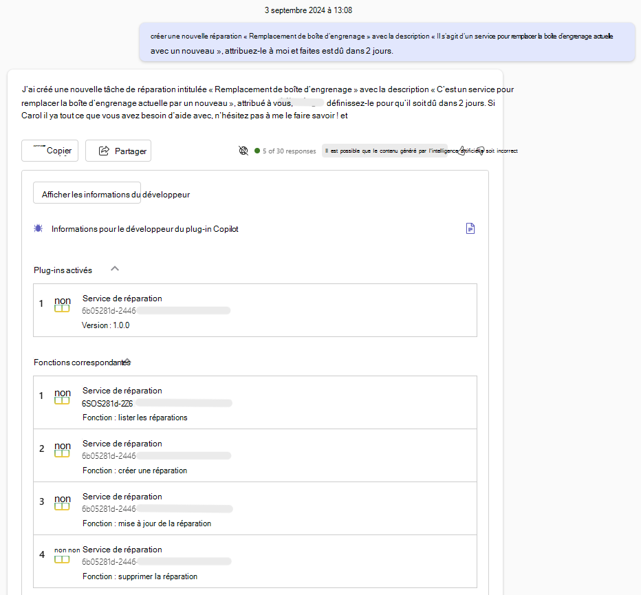 Capture d’écran de la session « copilot Chat » où copilot a retourné un carte avec des informations de débogage montrant la correspondance, la sélection et l’exécution de fonction réussies d’un plug-in activé