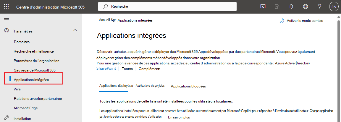 Capture d’écran de la section « Applications intégrées » du Centre d’administration Microsoft