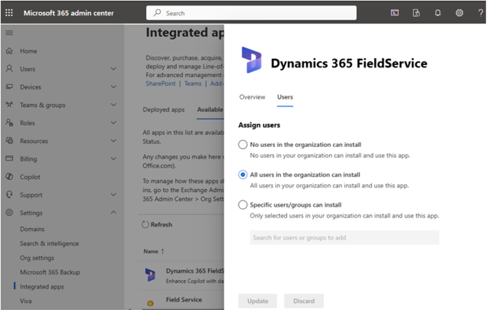 Capture d’écran montrant l’option de déploiement d’une application sur tous les utilisateurs ou sur des utilisateurs spécifiques.