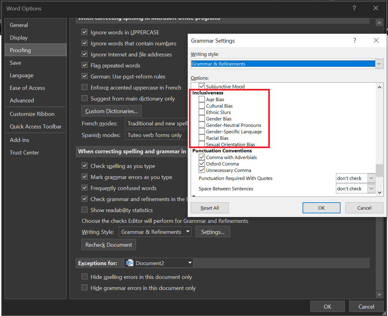 Showing the grammar settings in Word for inclusiveness