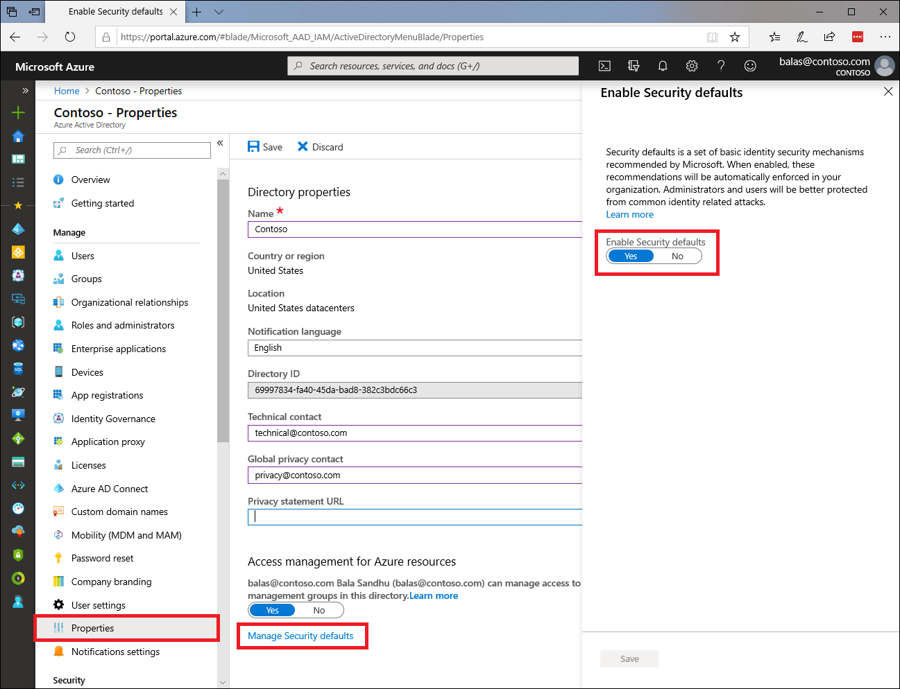 Capture d’écran du Portail Azure avec le bouton bascule pour activer les paramètres de sécurité par défaut.