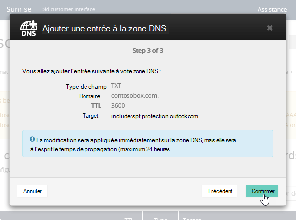 OVH Ajouter un enregistrement TXT pour SPF et Confirmer.