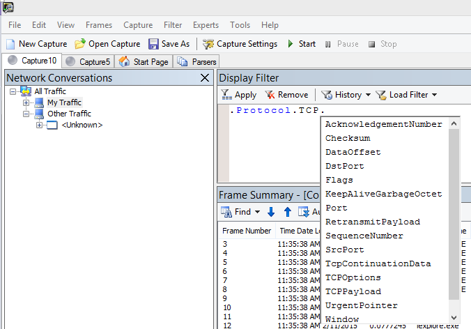 Capture d’écran de Netmon montrant que le champ Filtre d’affichage utilise intellisense.