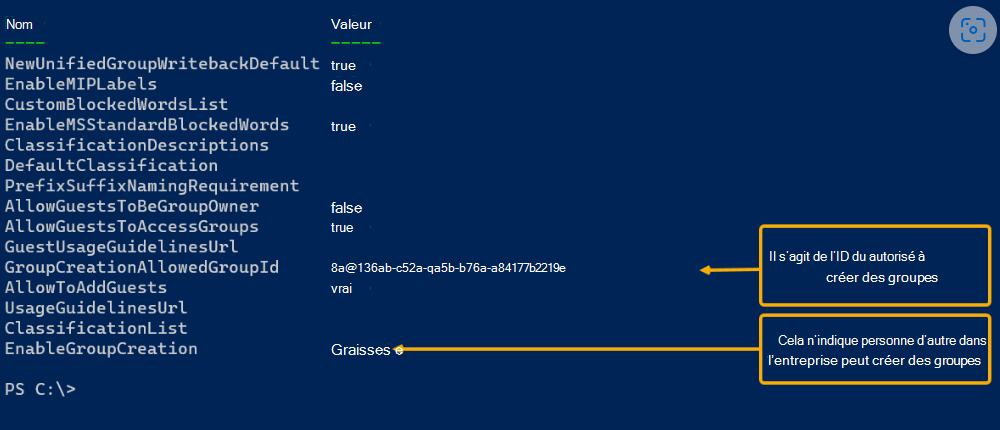 Capture d’écran de la sortie du script PowerShell.