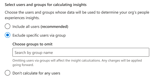 Capture d’écran : option permettant d’exclure des utilisateurs spécifiques via un groupe lors du calcul des insights.