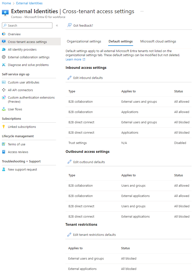 Capture d’écran de la page des paramètres d’accès interlocataire Microsoft Entra.